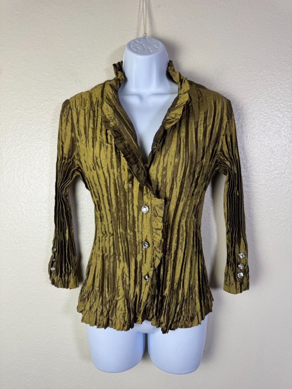 Agora Metallic Olive‎ Green Crinkled Button-Up Blouse Ruffle Collar size Small